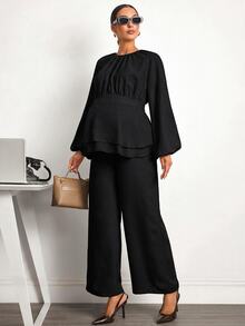 MaterniWear Maternity Solid Color Pleated Long Sleeve Top And Adjustable Waistband Pants Casual Daily 2 Pieces Set Fall - Black - View 8