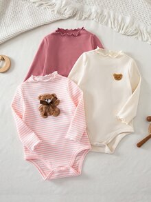 SHEIN 3pcs/Set Newborn Baby Girl Cozy Knit Solid Color Ruffled Romper Set, Autumn - Multicolor - View 5