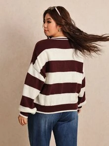 Elaquor Plus Size Women's Striped V-Neck Drop Shoulder Long Sleeve Casual Pullover Sweater Christmas - Red and White - View 2