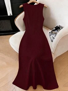 GlowEve CURVE Plus Size Versatile Textured Button Decor Sleeveless Dress - Burgundy - View 2