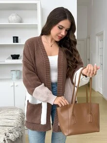 SHEIN LUNE Plus Size Women's Colorblock Casual Daily Cardigan - Coffee Brown - View 4