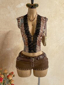 Ure Wave Women's Leopard Print Lace Patchwork Sexy Top - Multicolor - View 4