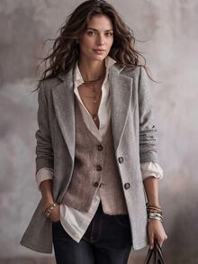 Trelyra Autumn/Winter New Herringbone Square Neck Jacket, Gray Loose Fit 2-Button Casual Commute Overcoat, Outdoor Wear, Office Wear, Fashion Minimalist Jacket - Grey - View 1
