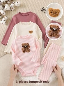 SHEIN 3pcs/Set Newborn Baby Girl Cozy Knit Solid Color Ruffled Romper Set, Autumn - Multicolor - View 3