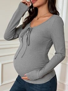 DAZY Solid Color Slim Fit Tie-Up Elastic Long Sleeve Casual Daily Korean Style Girl Autumn/Winter Maternity T-Shirt - Grey - View 7