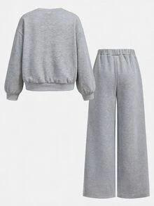 SHEIN Girlism 青少年女孩紐約字母印花衛衣與直筒長褲2件套，白色，秋季，休閒，校園，返校季，舒適秋冬套裝 - 灰色 - 查看 2
