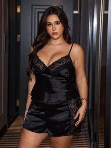 SilkySpell Plus Size Sexy Faux Silk Loungewear For Women, Adjustable Spaghetti Strap V-Neck Lace Patchwork Camisole, Lace Patchwork Shorts Pajama Set - Black - View 6