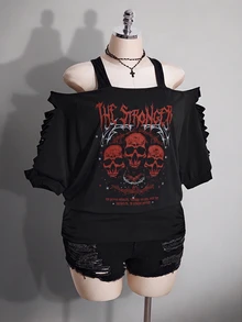 SHEIN ICON 女款大尺碼黑色夏季 Grunge 風演唱會日常 Y2K 哥德龐克骷髏圖案鏤空破洞 2 合 1 T-shirt 音樂節穿搭 - 彩色 - 查看 4