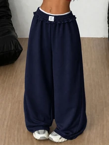 SHEIN 青少年女孩灰色大尺寸運動長褲，冬季寬鬆休閒極簡舒適中腰對比色抽繩裝飾褲，四季皆宜 - 藍色 - 查看 1