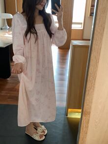 DAZY Women's Lace Patchwork Floral Print Square Neck Long Sleeve Loose Long Dress Nightgown - Pink - View 5