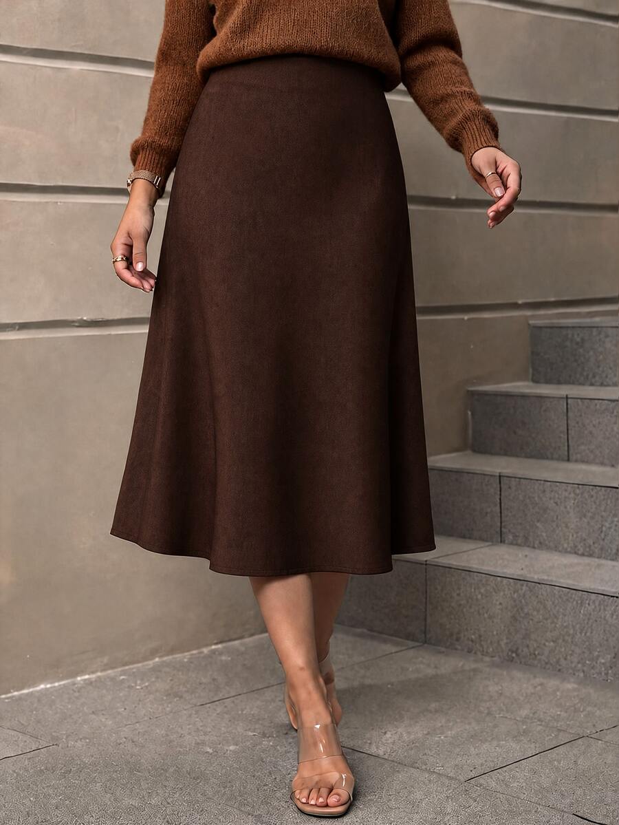 SHEIN LUNE Women's Elegant Suede Skirt Suitable For Autumn/Winter - Multicolor - View 1