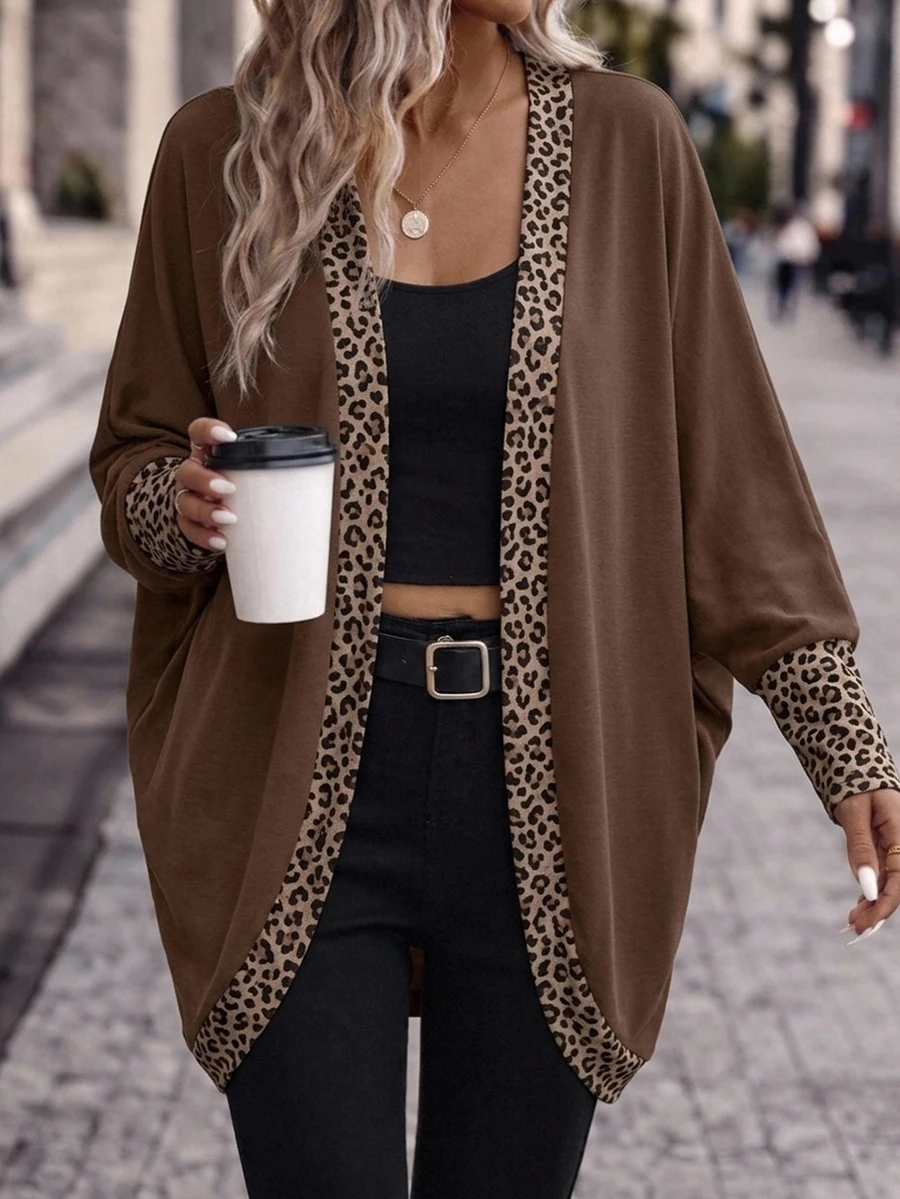 SHEIN Frenchy Women Plus Size Retro Leopard Print Patchwork Brown Lightweight Jacket,Casual Open Front Raglan Long Sleeve Vintage Commuter Jacket ,Autumn , Fall - Multicolor - View 1