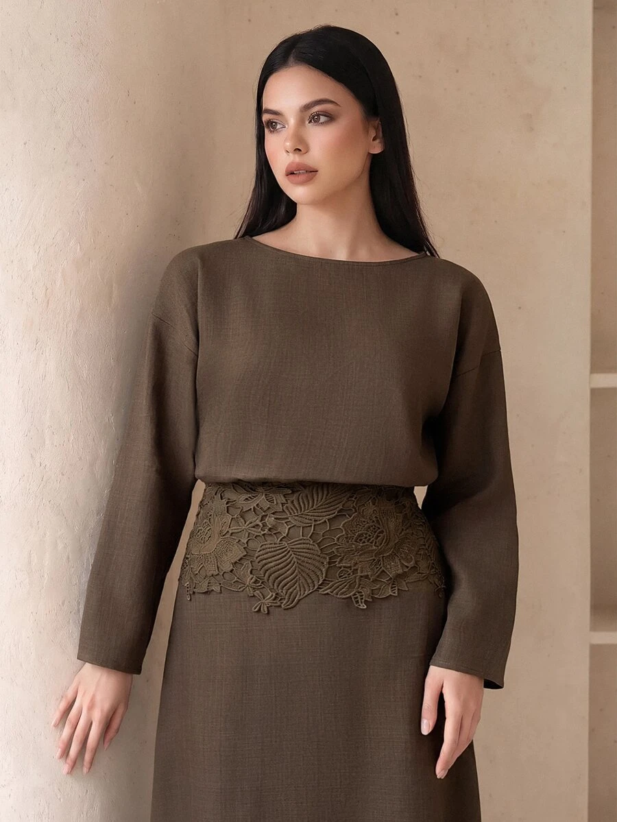 Veilorie Plus Size Elegant Embroidered Long Sleeve Dress For Weekend Outings - Brown - View 1