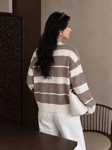 Yumoku Women's Striped Crew Neck Drop Shoulder Long Sleeve Casual Sweater - Grey - View 2