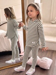 Elladie kids 青少年女孩格紋連帽2件套服裝，長袖連帽衫與彈性長褲套裝，休閒套裝，適合春秋穿著 - 白色 - 查看 1