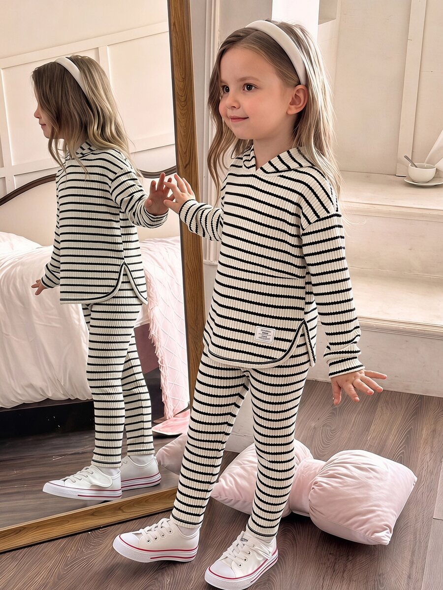 Elladie kids 青少年女孩格紋連帽2件套服裝,長袖連帽衫與彈性長褲套裝,休閒套裝,適合春秋穿著 - 白色 - 查看 1