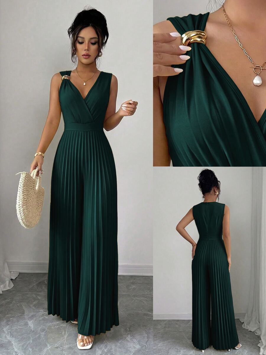 Elenzga Women's Spring/Summer Elegant Commuter Yellow V-Neck Sleeveless Metal Buckle Pleated Waist Cinched Pleated Design Fitted Slim Jumpsuit - Green - View 1