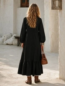 Faunlyn Gaun Wanita Fashion dengan Kancing Setengah Plaket dan Desain Blok Warna - Hitam - View 2