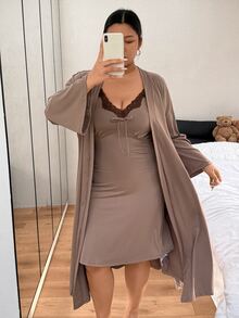 Napfluff CURVE Napfluff CURVE Plus Size Minimalist Lace Patchwork Camisole Nightgown + Loose Long Robe Loungewear Set - Brown - View 1