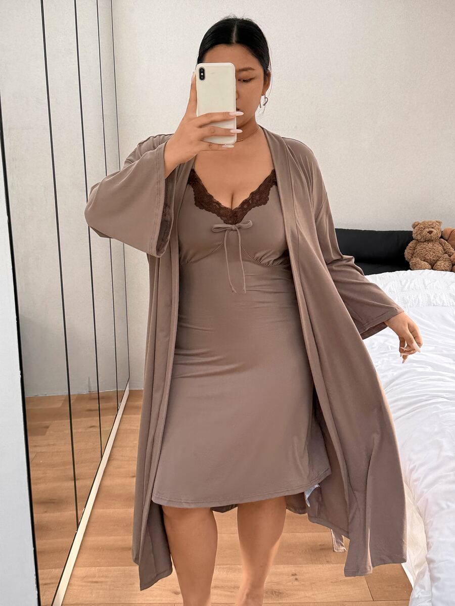Napfluff CURVE Napfluff CURVE Plus Size Minimalist Lace Patchwork Camisole Nightgown + Loose Long Robe Loungewear Set - Brown - View 1