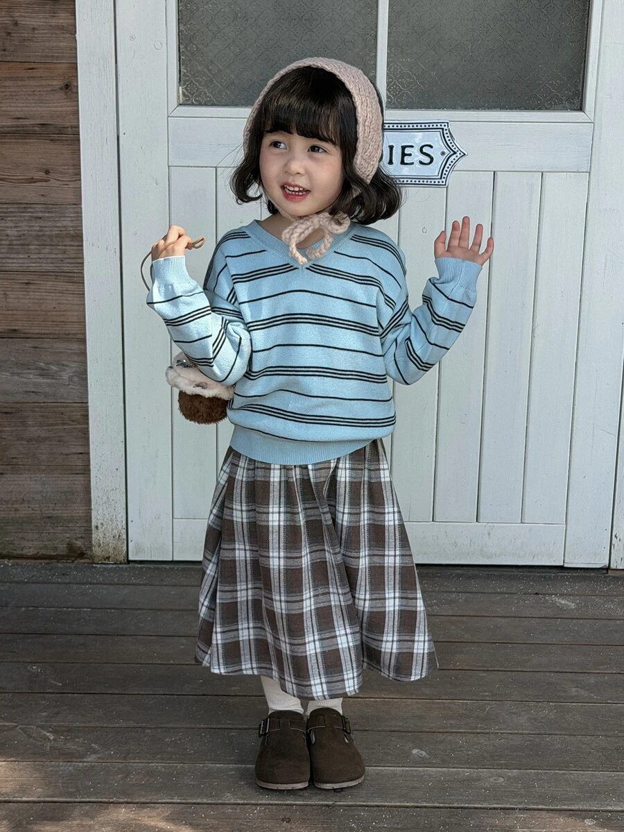 Dazy Kids Infant (Girl) V-Neck Korean Style Striped Long Sleeve Sweater - Blue - View 1