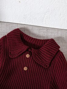 SHEIN Baby Girl Knit Contrast Color Cute Bow Collar Knit Autumn Winter Dress - Burgundy - View 3
