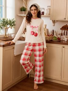 Tulorae Christmas Red Plaid Print Knit Cherry Long Sleeve Top & Plaid Pants Pajama 2 Pieces Set - Red - View 4