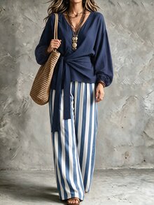 Linhara CURVE Plus Drop Shoulder Knot Side Top & Wide Leg Pants Fall - Navy Blue - View 5