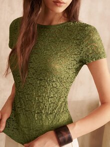 MOTF PREMIUM WOMEN'S WHITE LACE FITTED T-SHIRT, FASHIONABLE COMMUTER STYLE, AUTUMN/WINTER - Green - View 8