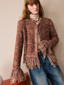 Arave Women's Jacket Straight Short Fit Tweed Fringe Hem Cuffs Round Neck Single Button Elegant Brown Textured Autumn Outfit For Women Thanksgiving - Multicolor - View 8