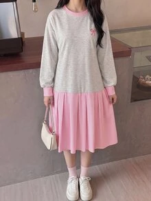 SHEIN 青少年女孩長袖蝴蝶結印花條紋百褶下擺運動衫洋裝，小學派對風 - 粉色 - 查看 2