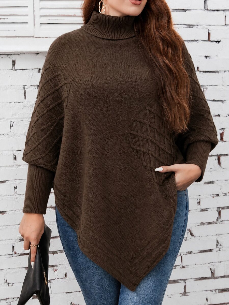 EMERY ROSE Plus Size Women's Winter Clothing Winter Tops Winter Sweaters High Neck Diamond Pattern Gigot Sleeve Knit Sweater Pullover Basic Style Twisted Rope Minimalist Winter Tops Pullover - Brown - View 1
