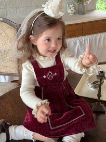 DAZY Infant/Toddler (Girl) Korean Style Solid Color Layered Pinafore Dress - Red - View 3