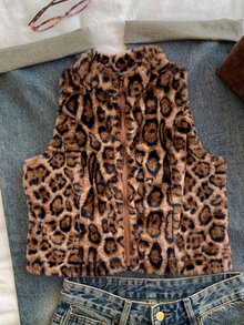 SHEIN EZwear 女款休閒復古老錢風 2000 年代初豹紋無袖毛茸茸短版夾克，米色，適合秋冬日常外出與辦公室穿著 - 咖啡棕 - 查看 5