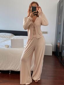 DAZY 3-Piece Minimalist Solid Color Women's Pajama Set - Khaki - View 4