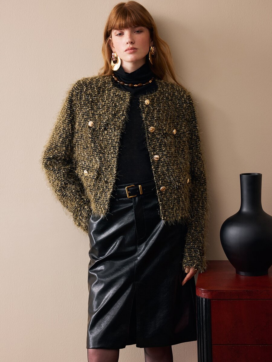 Arave Women's Jacket Broad Shoulder Straight Textured Woolen Double Breasted Gold Buttons Collarless Short Modern Olive Green Solid Winter Clothes Christmas - Army Green - View 1