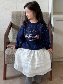 Dazy Kids Young Girl Polka Dot Casual Fairy Princess Pullover Loose Long Sleeve Autumn Thermal Lined Deer Pattern Sweatshirt Christmas 7th Birthday - Navy Blue - View 3