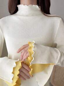 DAZY Teen Girls Half Mock Neck Patchwork Long Sleeve Inner Layer T-Shirt, Autumn - Beige - View 9