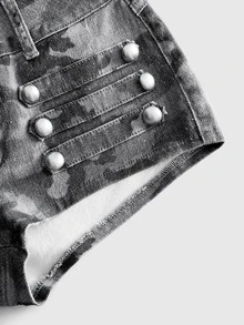 ROMWE Grunge Punk 辣妹風騎馬風金屬鈕扣設計超低腰緊身牛仔迷你短褲 - 灰色 - 查看 3