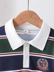 SHEIN Playful Pals 男孩休閒條紋印花 Polo 領長袖衛衣，休閒學院風 Polo 衫，長袖半拉鍊可愛設計衛衣，柔軟舒適面料，適合秋冬穿著，男孩日常穿搭理想選擇 - 彩色 - 查看 5
