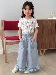 Dazy Kids بنطلون جينز واسع الساق بخصر مطاطي وجيوب للفتيات المراهقات - أزرق فاتح اللون - مشاهدة 5