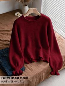 CosyJoli Áo len chui đầu dệt kim dày màu trơn dáng rộng, tay áo bo bèo, dáng ngắn, phong cách corset, màu đỏ rượu vang, phù hợp cho mùa đông, Giáng sinh, tiệc tối, trang trọng và đám cưới - Màu Đỏ Sâu - Xem 5