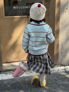 Dazy Kids Infant/Toddler (Girl) Turn-Collar Striped Long Sleeve Autumn/Winter Korean Style Casual Versatile Contrast Color Sweater - Baby Blue - View 2