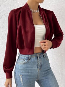 SHEIN EZwear 女款黑色拉鍊短版飛行夾克，秋季休閒街頭風日常輕便純色女式春秋常規版棒球領夾克 - 酒紅色 - 查看 6
