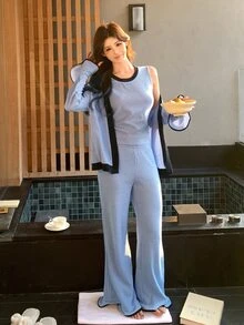 DAZY Women's Colorblock Bell Sleeve Open Front Cardigan, Round Neck Tank Top And Long Pants Casual Loungewear Set - Blue - View 6