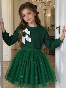 Tween Girls Apricot Knit Petal Sleeve Dress Elegant Bow Star Mesh Dress - Green - View 1
