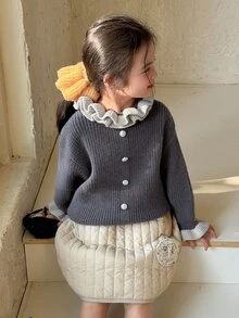 Dazy Kids Young Girl) Sweater With Frill Trim, Contrast Color Lace, Stand Collar, Casual Loose Fit, Thick Knit Top For Autumn/Winter - Grey - View 2