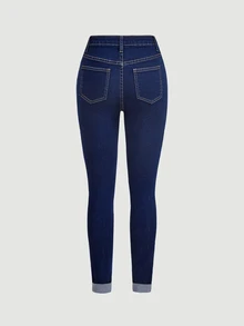 EMERY ROSE Spring High Waist Ripped Slant Pocket Skinny Jeans - Dark Wash - View 5