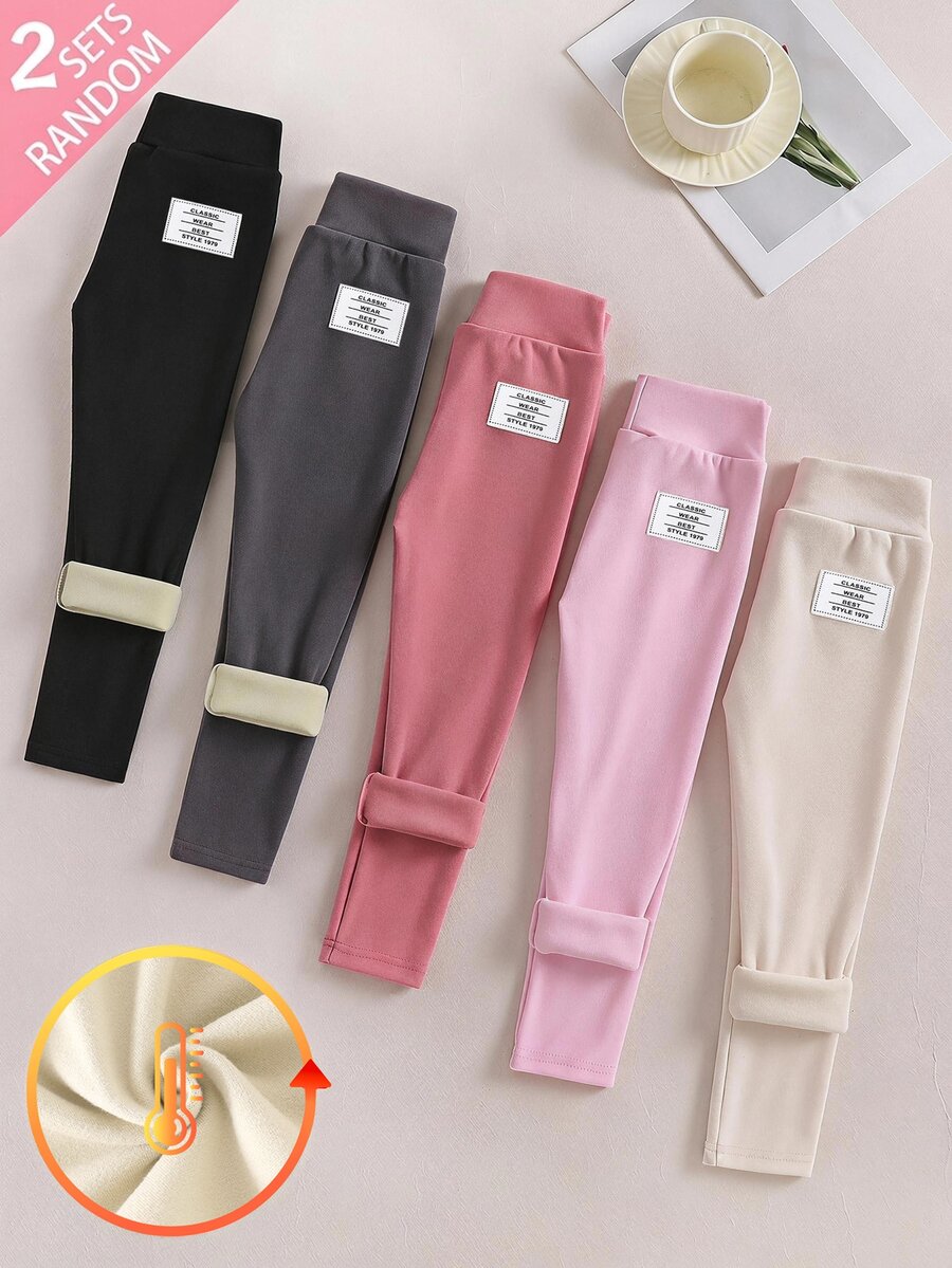 SHEIN 女童 2 件組，秋冬女童內搭褲，柔軟高彈性標誌裝飾內搭褲，高腰修身兒童下著，適合女童日常休閒穿著 - 彩色 - 查看 1