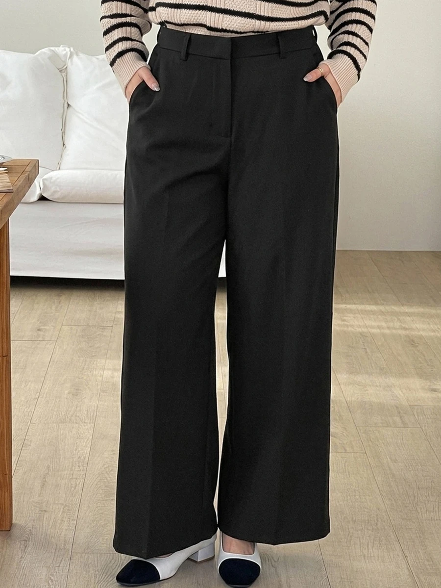 Dazy Plus Plus Size Solid Color Straight Leg Pants With Pockets For Commute And Office - Black - View 1